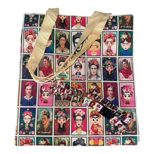 Frida Kahlo repeating portrait print tote bag and lanyard set With Zipper